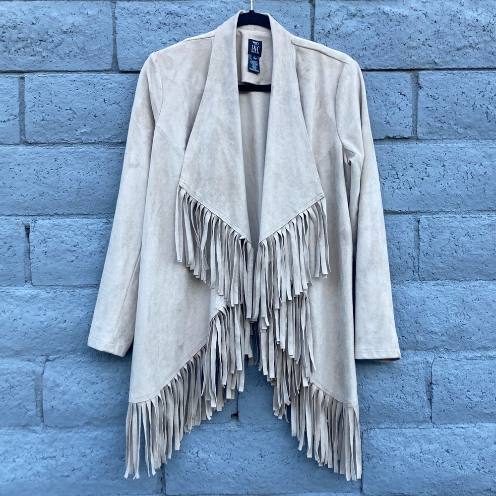 Faux Beige Suede Fringe Drape Jacket by Vakko for INC International Concepts